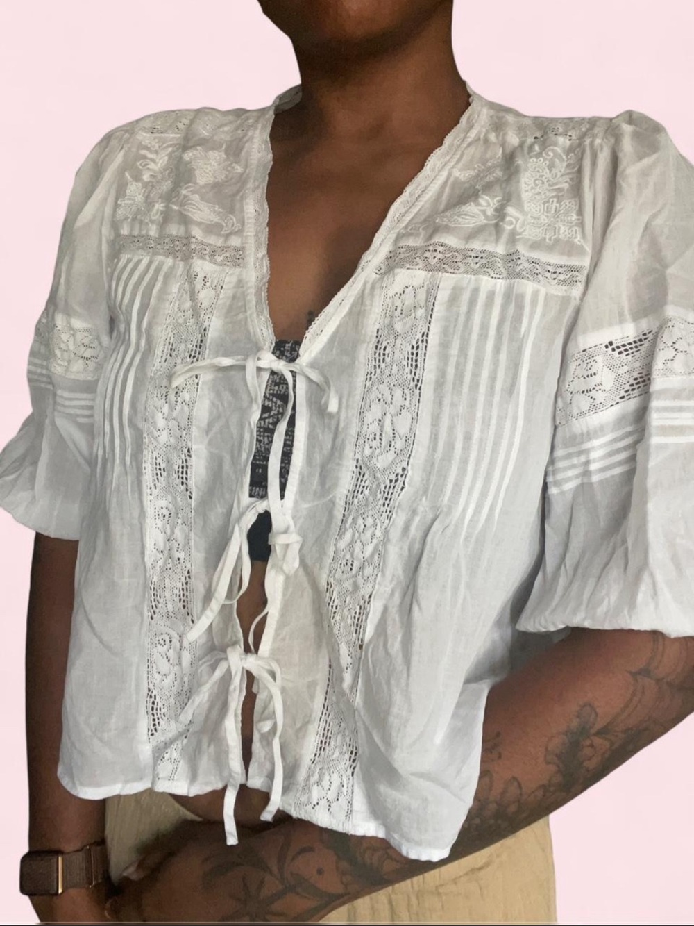 Joie Boho Cottagecore Coquette White Embroidered Tie-Front Cotton Blouse Size S - Picture 3 of 7